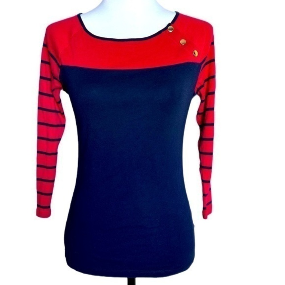 Lauren Ralph Lauren Nautical Colorblock Striped Button Shoulder Red Navy Top S